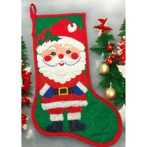 Jolly Santa Claus Quilted Christmas Stocking Green with Red Trim 16 Inch